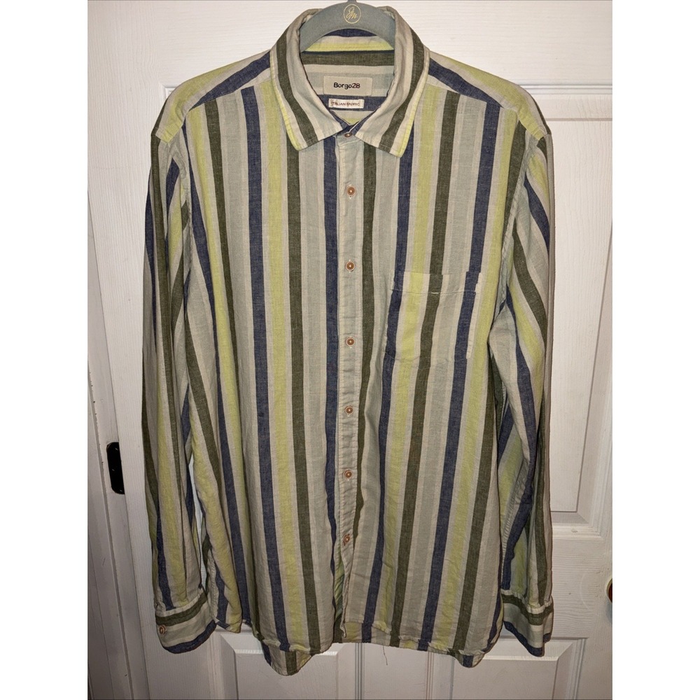 Borgo 28 Men's XL Italian Linen Cotton Shirt Striped Long Sleeve Button Up Green